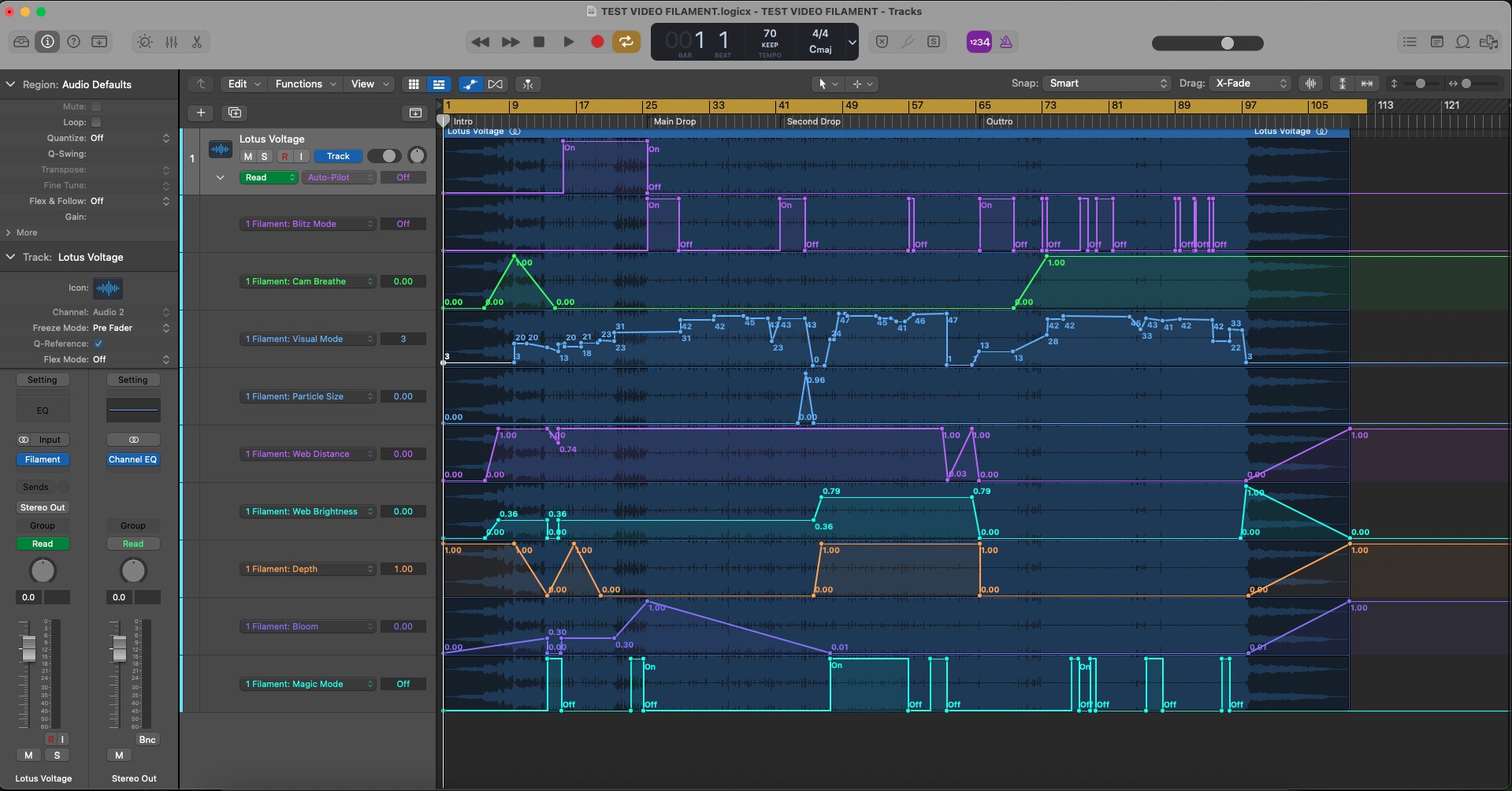 Logic Pro automation lanes driving Filament: Blitz Mode, Cam Breathe, Visual Mode, Particle Size, Web Distance, Web Brightness, Depth, Bloom and Magic Mode, each drawn against the waveform